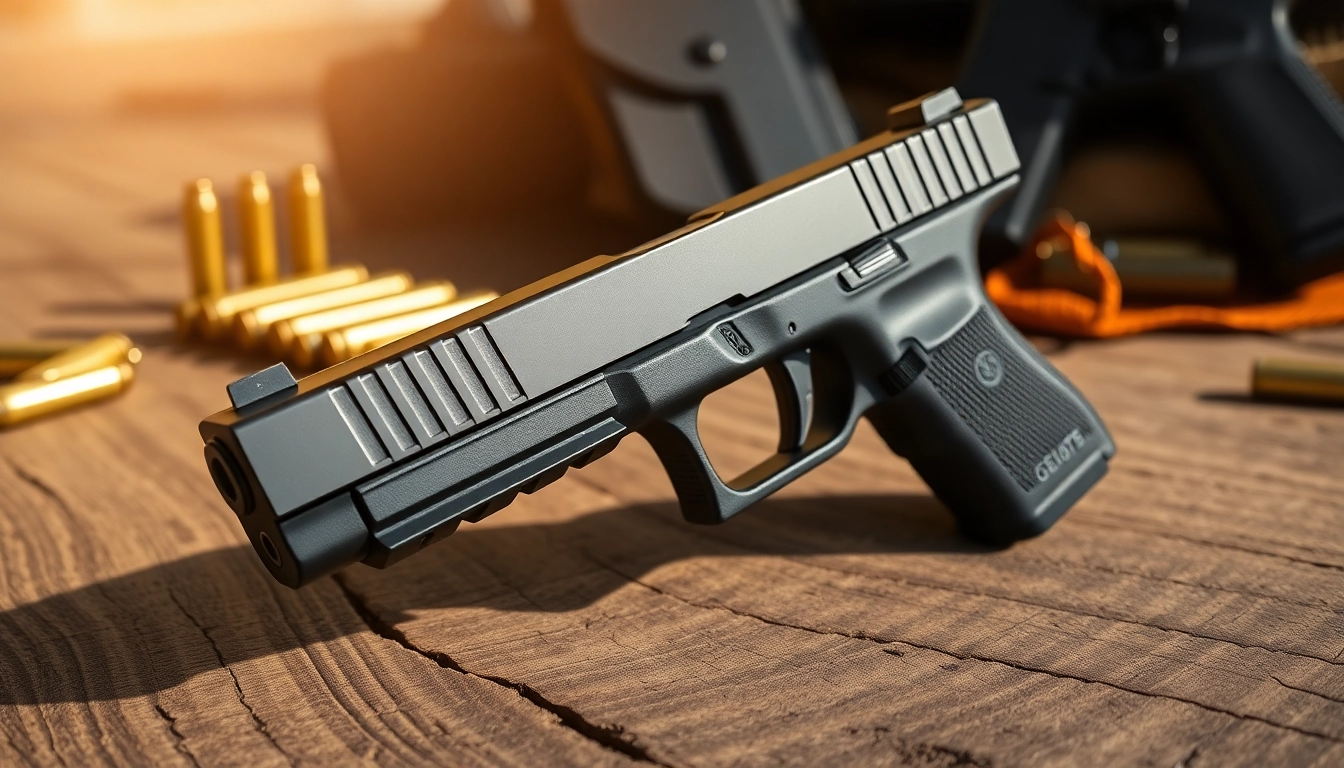 Buy Glock 19 slide showcasing its premium design and craftsmanship on a wooden surface.
