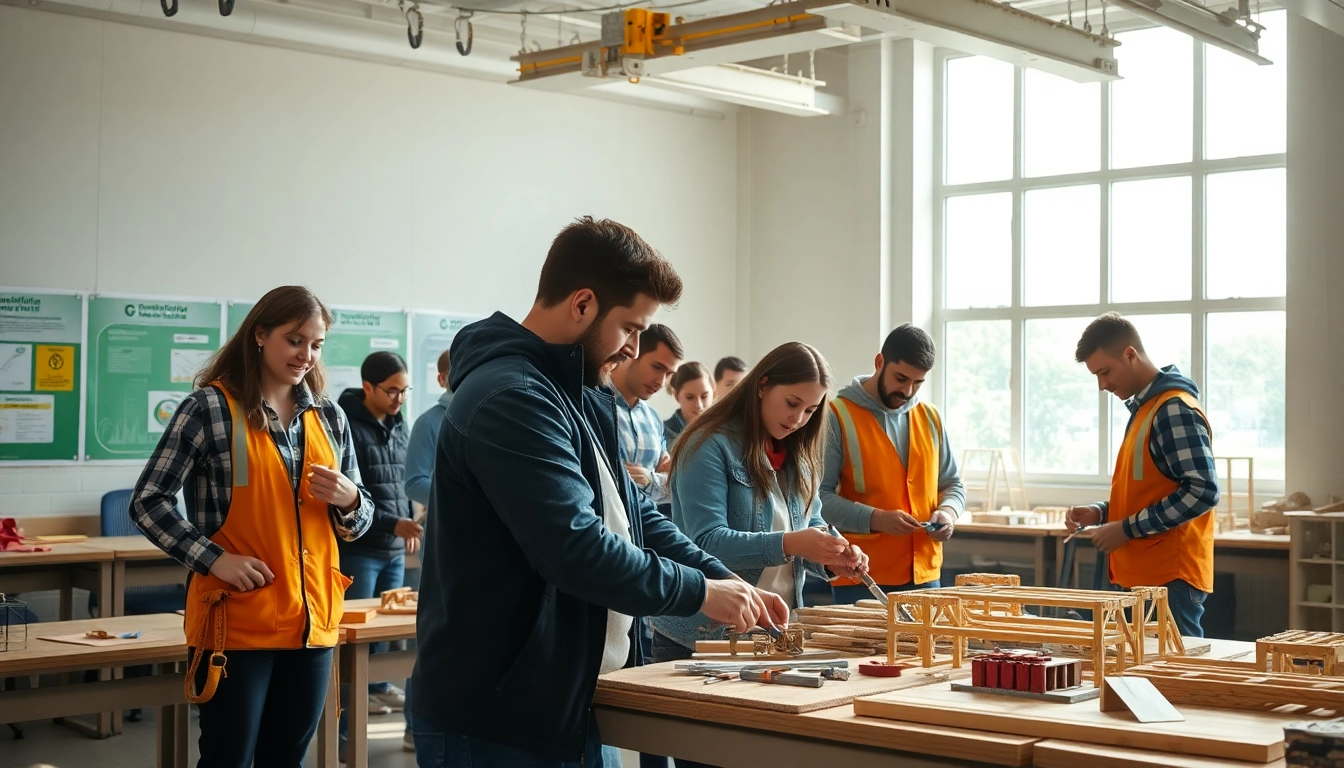 Engaging construction training environment with diverse trainees using tools and equipment.