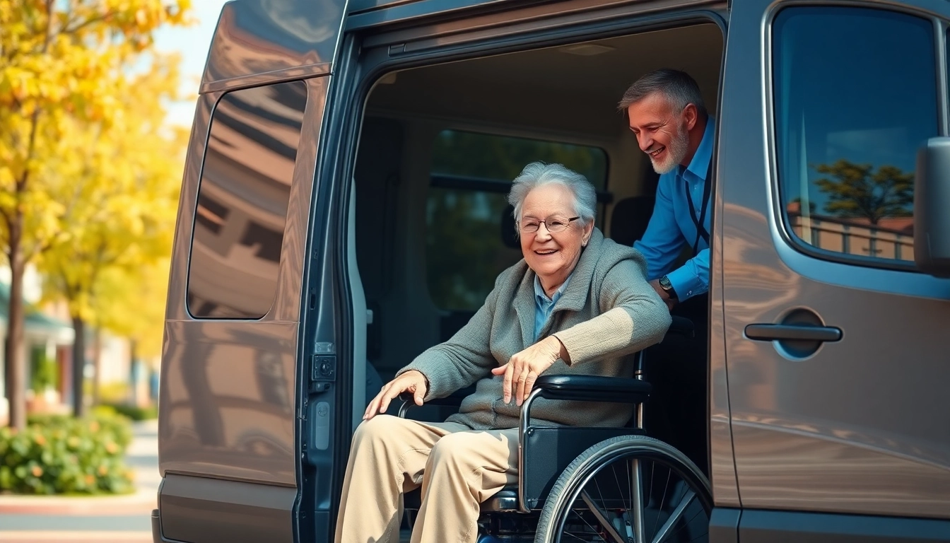 Image showcasing elderly transportation services, featuring a friendly driver and accessible van for seniors.