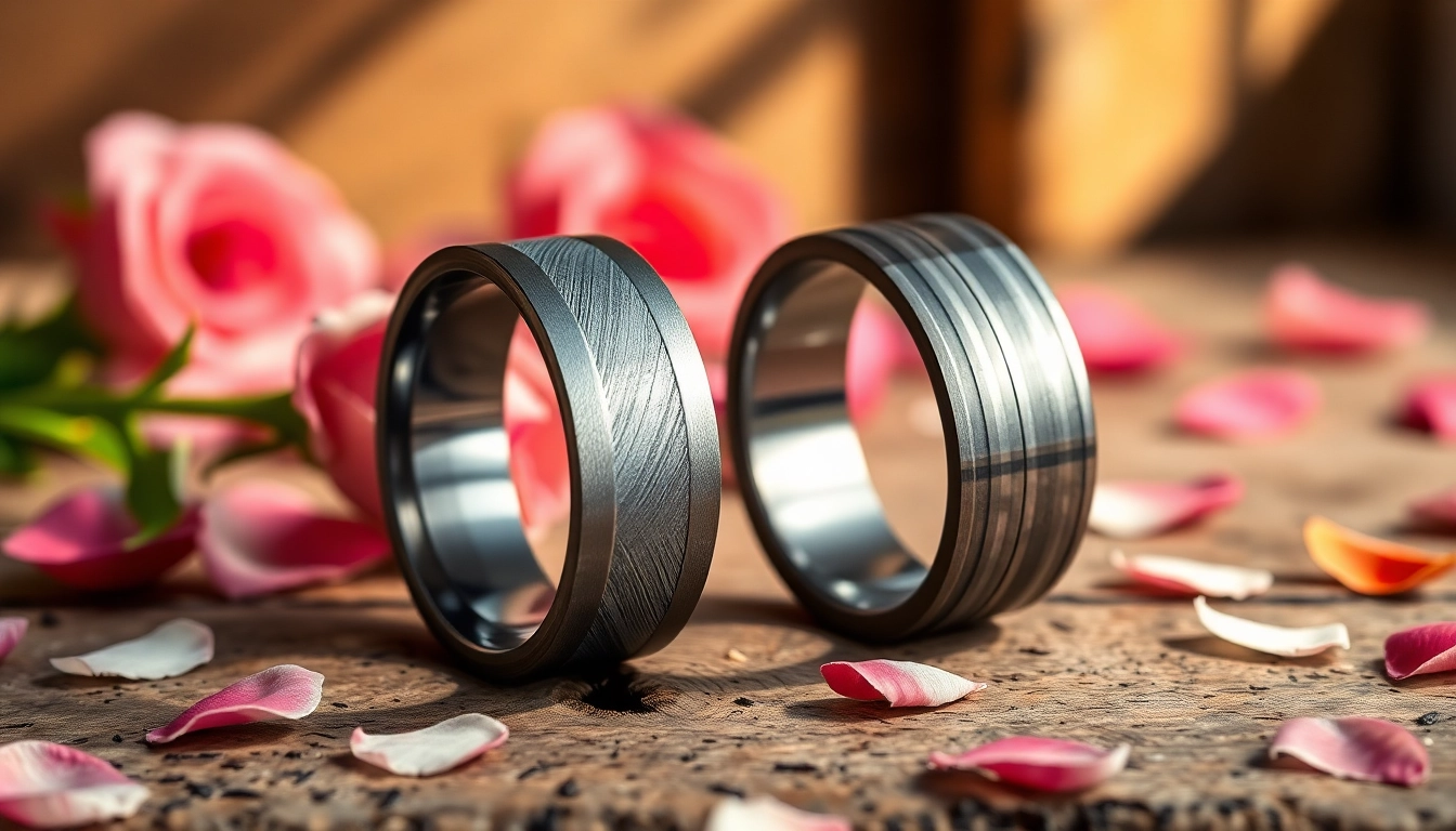 Admire Gunmetal Wedding Bands for Men with unique finishes arranged attractively.