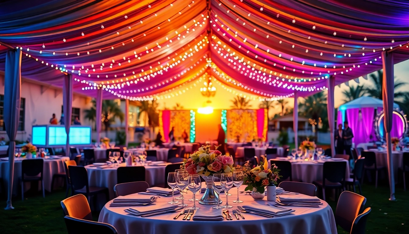 Elegant outdoor event illustrating Party Rentals Las Vegas with vibrant décor and sunset ambiance.