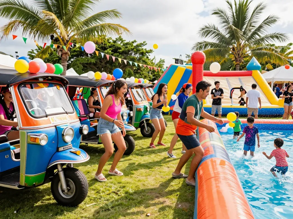 Friends engaged in a tuk tuk water balloon challenge at a festive summer event.