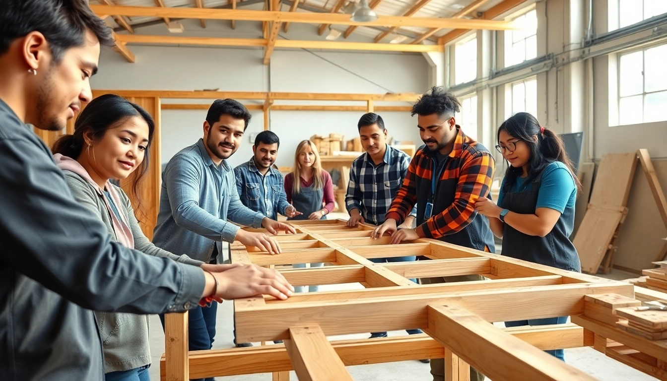 Engaging construction craft training session with trainees collaborating and using tools.
