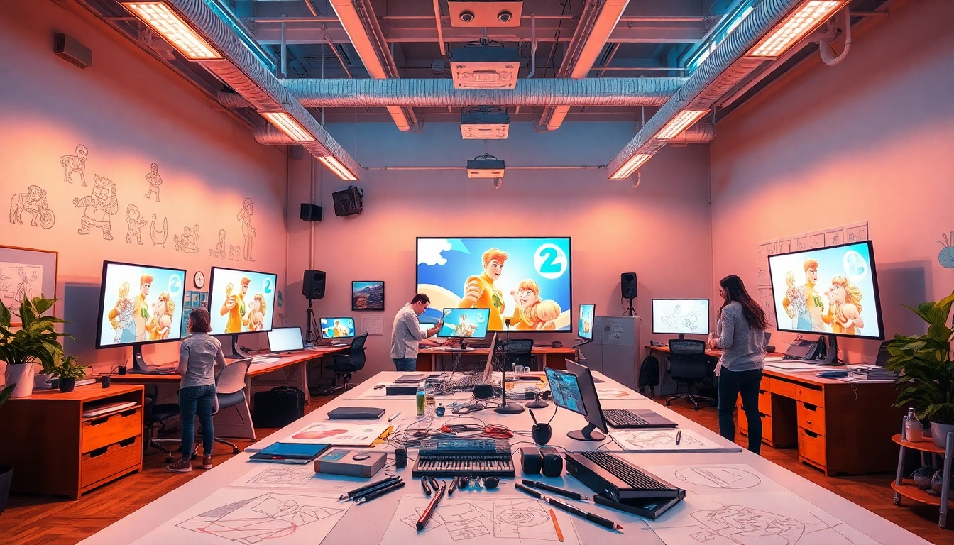 Animationsstudio mit kreativen Künstlern, die in einem modernen Arbeitsbereich zusammenarbeiten.