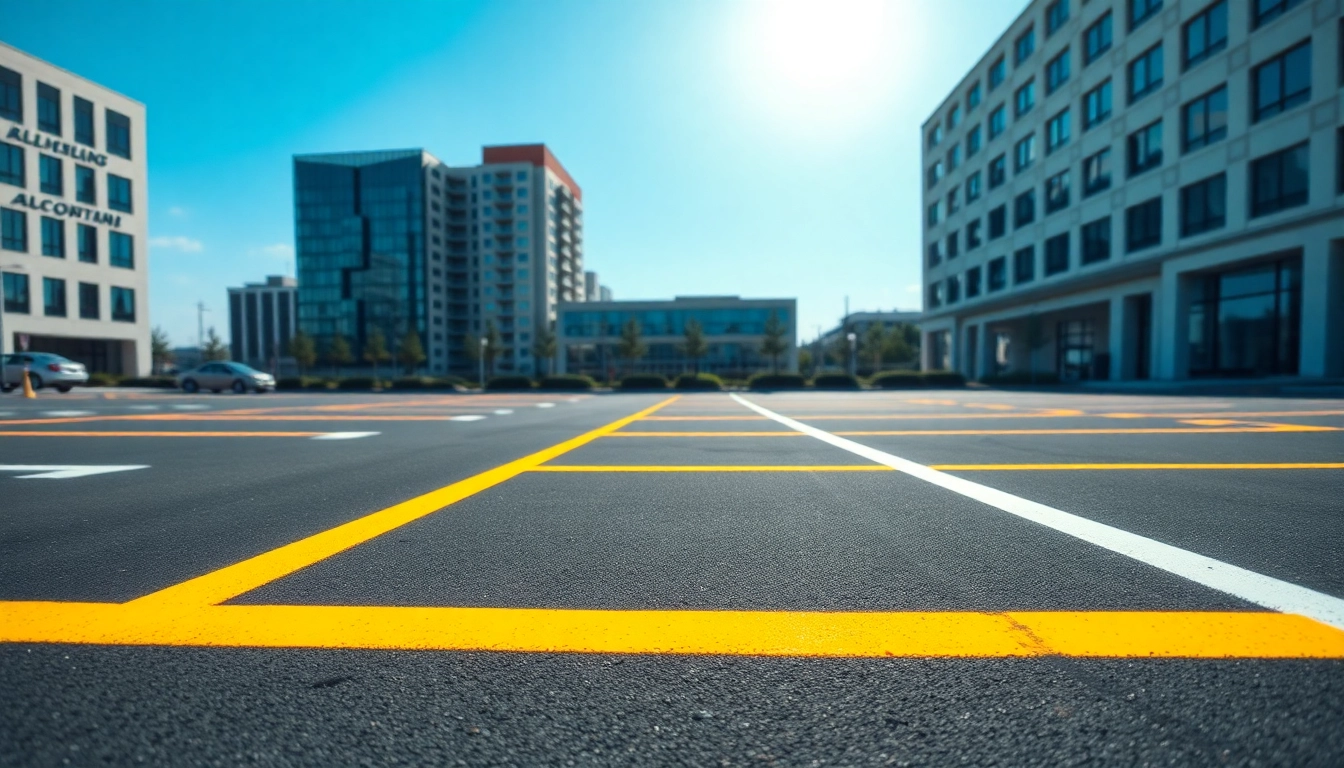 Parking lot striping near me with freshly painted lines in a professional urban setting.
