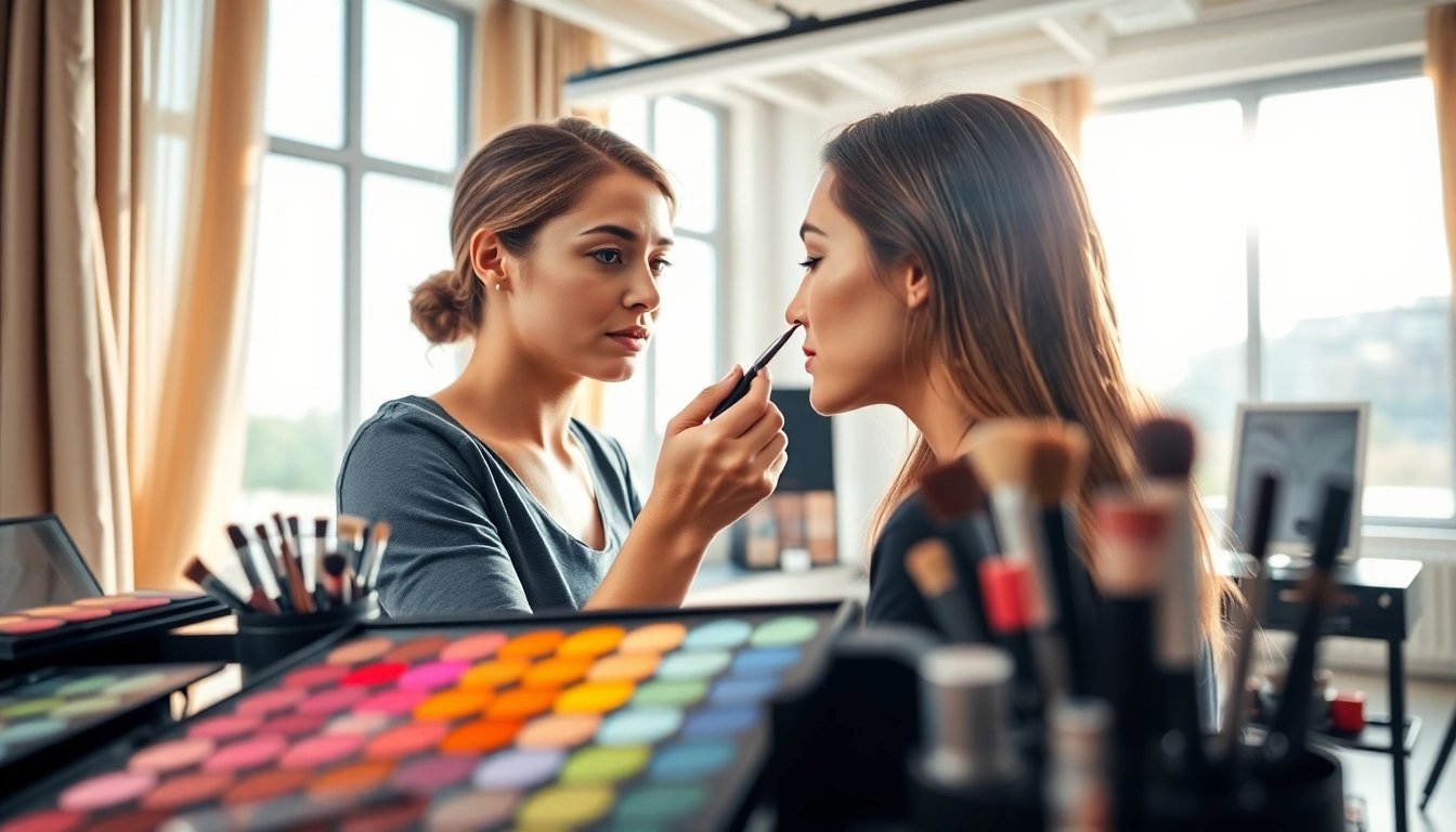 Engaging makeup courses taught by a skilled artist in a bright studio environment.