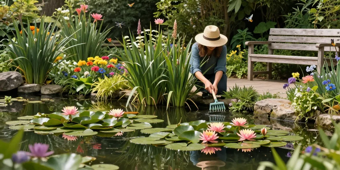 Water lilies floating on a tranquil pond while a gardener tends to the plants amidst lush greenery.