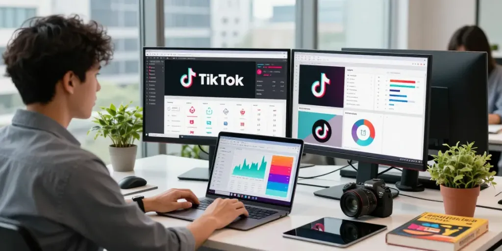 Professional in a TikTok agency reviewing analytics and campaigns in a vibrant office.