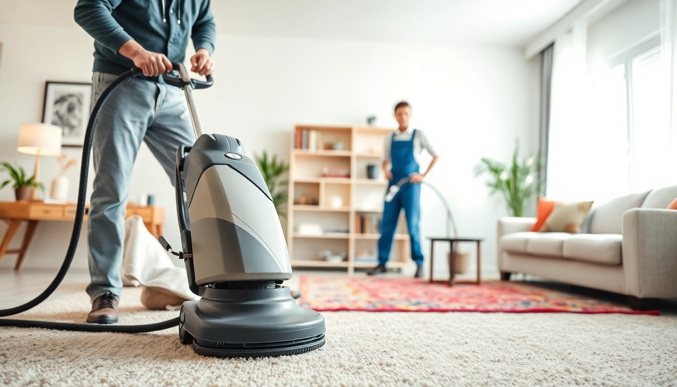 Local carpet cleaners demonstrating expertise in a clean living room environment.