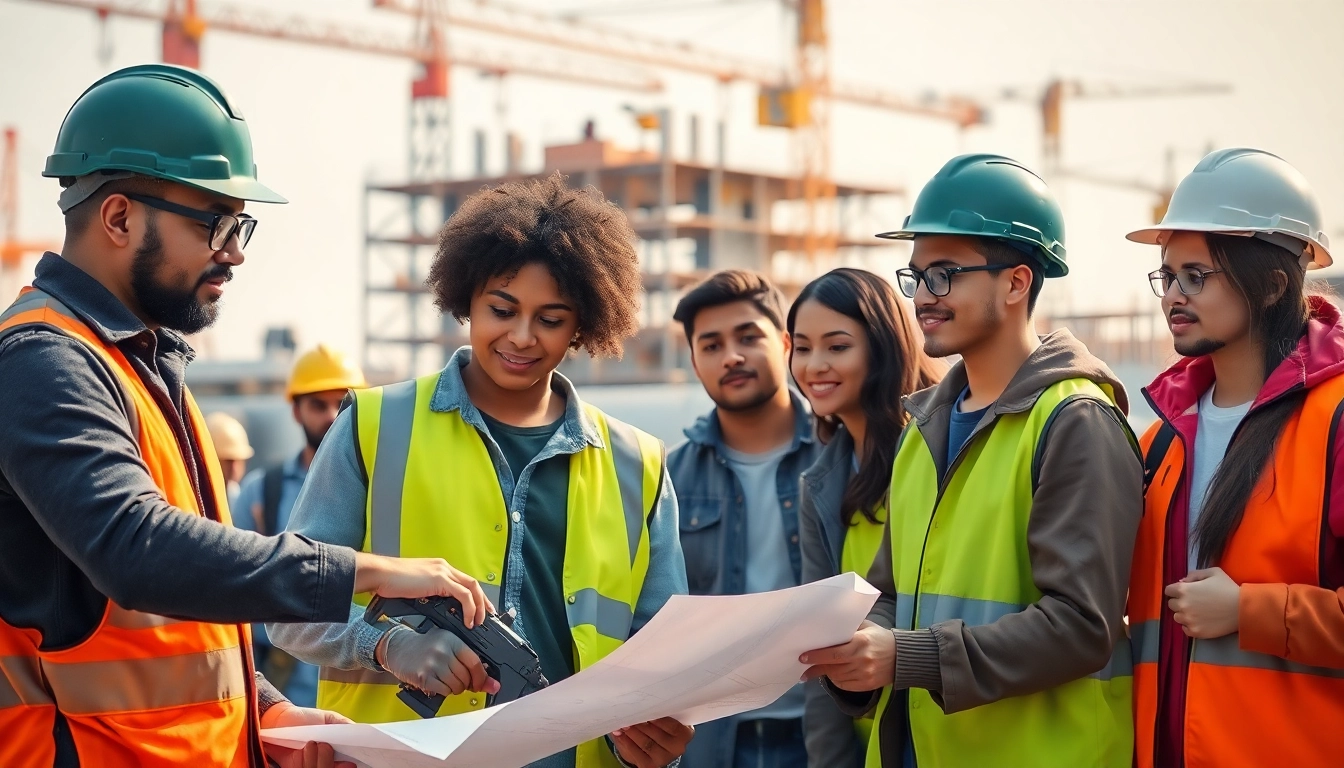 Engaging in a construction apprenticeship, diverse individuals train under a mentor at an active construction site.