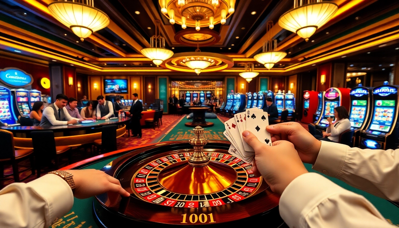 Joueurs ravis profitant d'une atmosphère luxueuse de casino en ligne avec des jetons de poker et des cartes.
