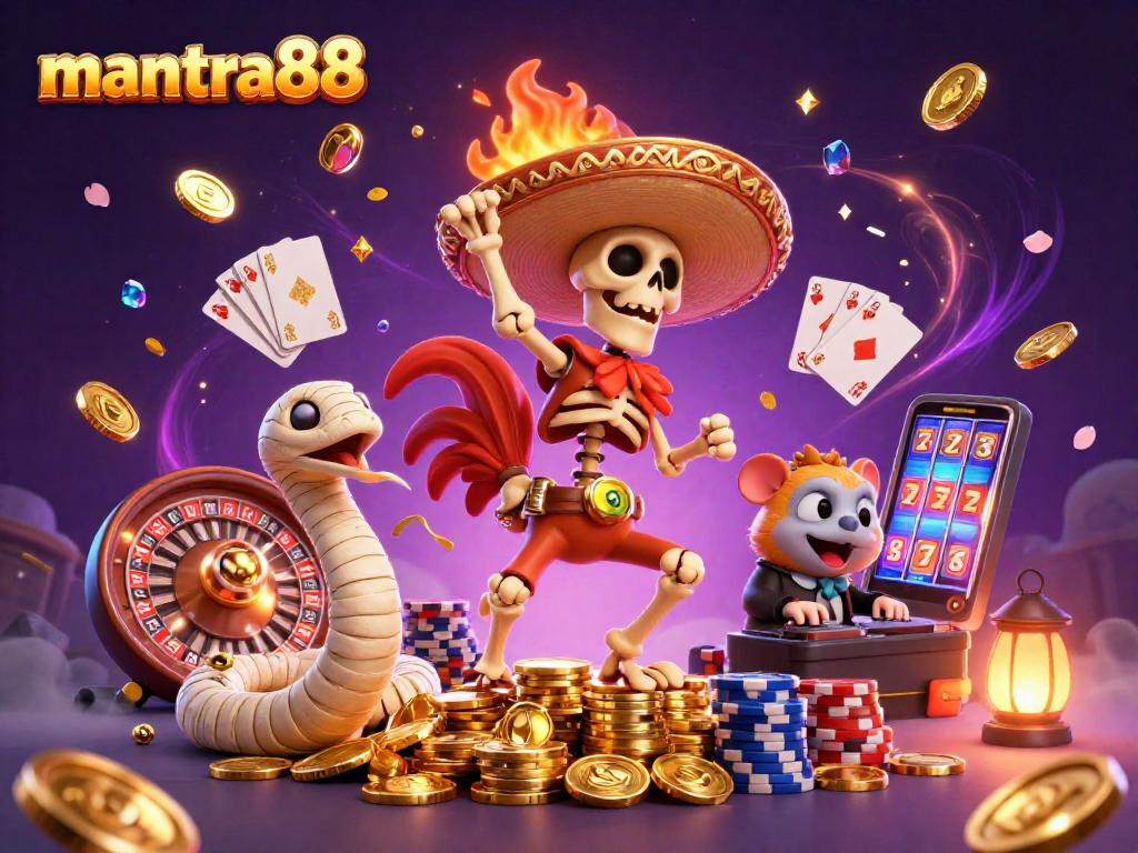 Experience mantra88 with a vibrant casino scene featuring a dancing mariachi rooster and more.