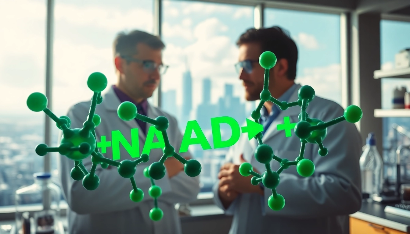 NAD+ molecules showcased under bright lab lighting, with scientists analyzing their structure and potential.