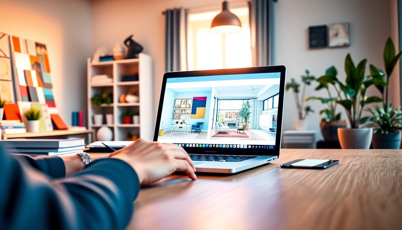 Architekt wnętrz online działający nad nowoczesnym projektem wnętrza w kreatywnej przestrzeni.