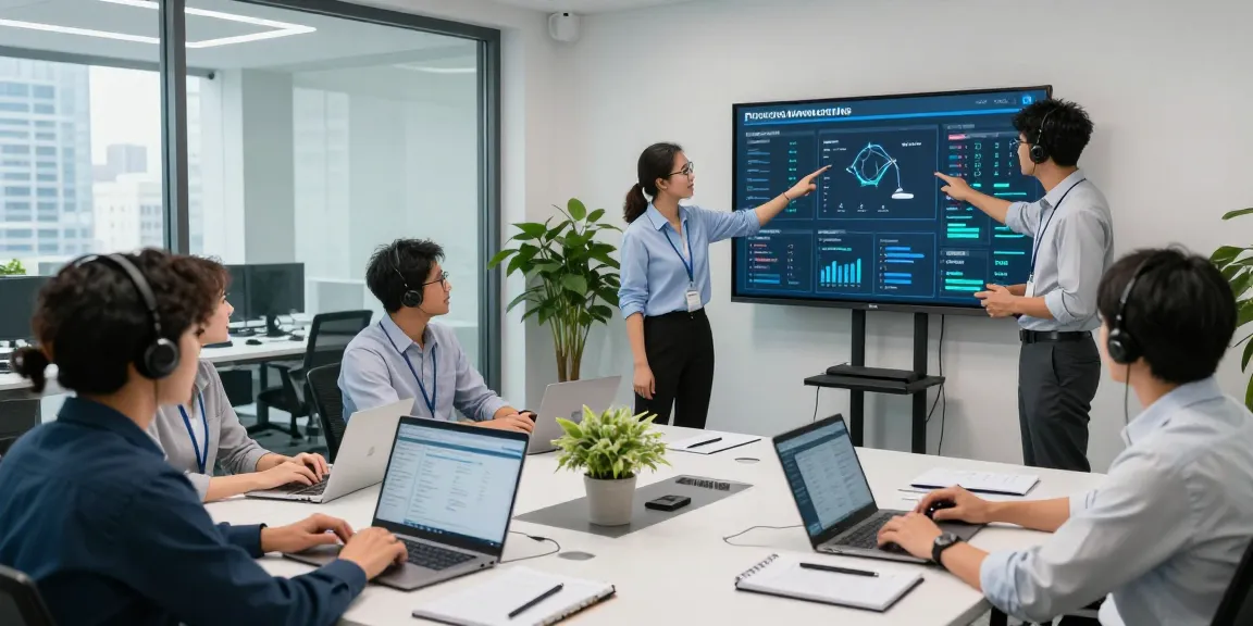The dynamic team collaborating on business IT support services, showcasing proactive monitoring and real-time analytics in a modern corporate office.
