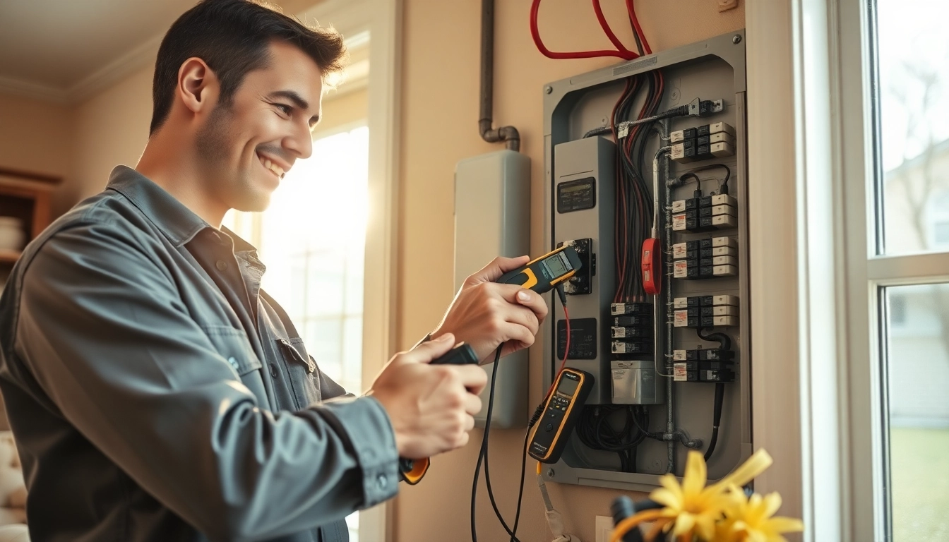 Electrician lower north shore inspecting electrical panel with tools in a bright, cozy home.