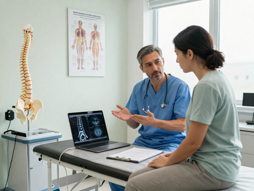 Detailed consultation about bel fıtığı ameliyatı in a modern medical clinic.