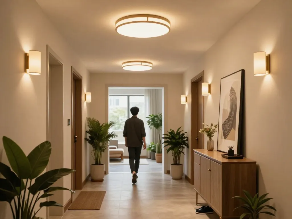Modern hallway light fixtures creating a welcoming ambiance in a stylish corridor with plants and art decor.