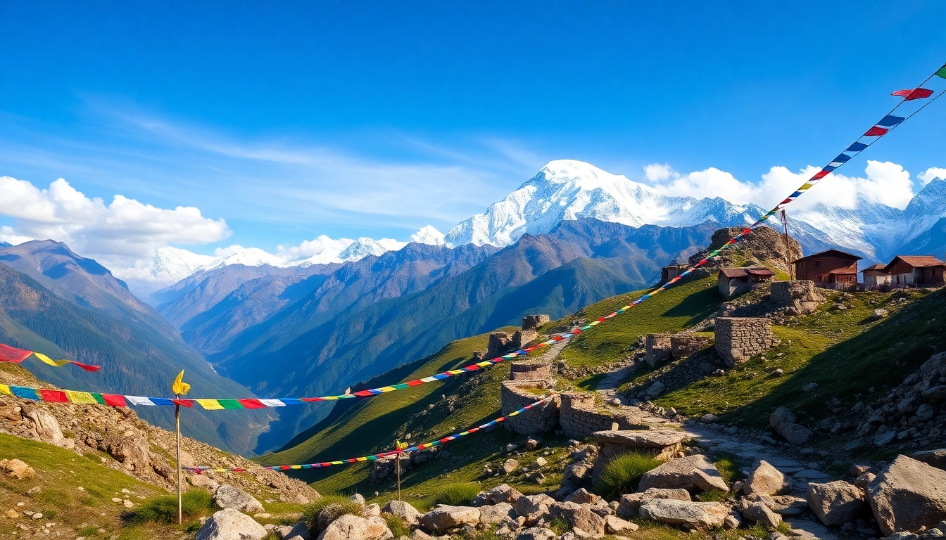 Manaslu circuit trekking landscape with Mount Manaslu, prayer flags, and lush hills.