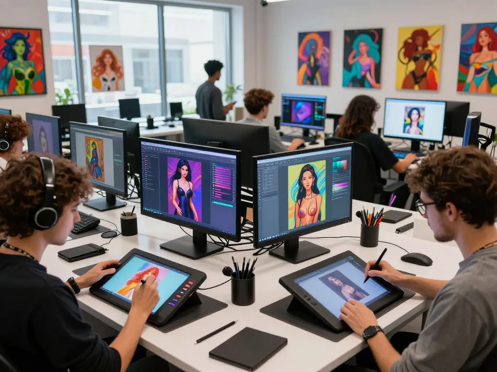 Artisans creating sex AI digital artwork in a vibrant studio