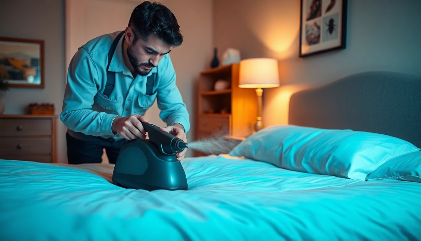 Technician performing bed bug treatment in a cozy bedroom using steam equipment.