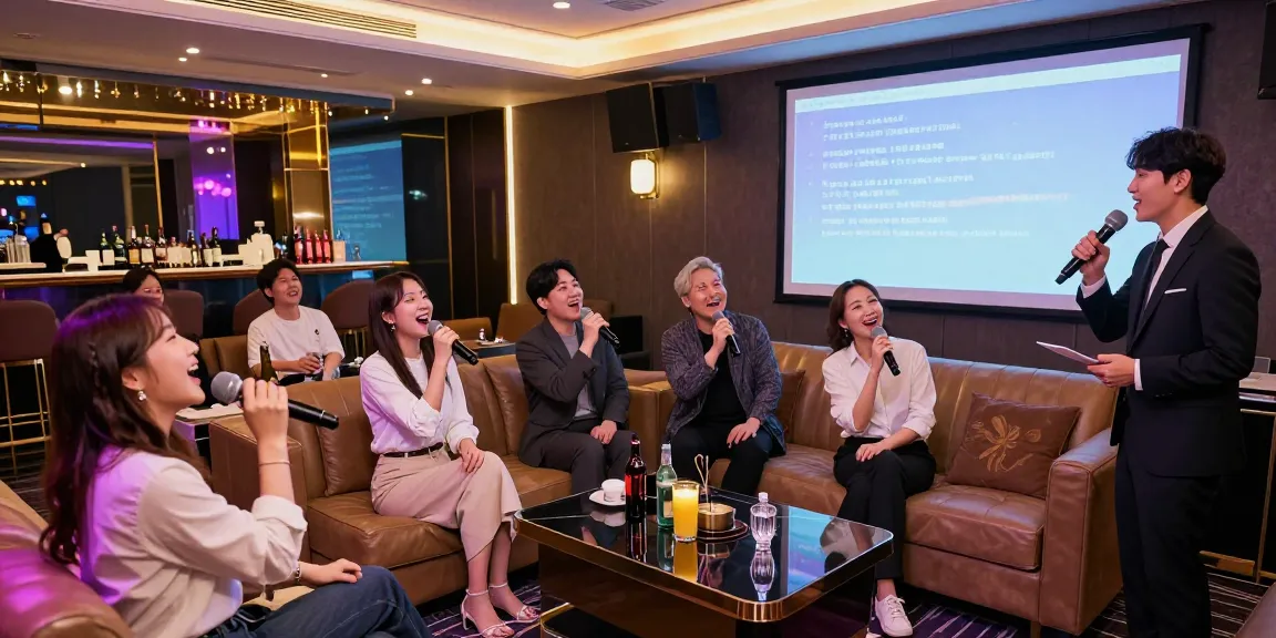 강남가라오케에서 즐기며 노래하는 손님들과 호스트의 상호작용을 보여주는 고급스러운 실내 환경