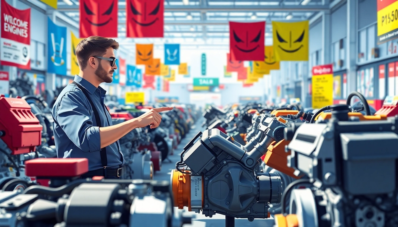 Highlighting used engines in a vibrant marketplace with engaging sales interaction.