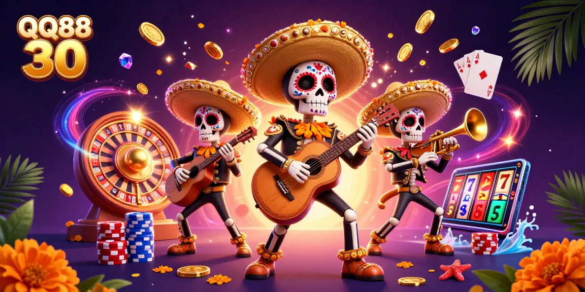 Experience the festive QQ88 30 gaming scene with mariachis and slot reels sparkles.