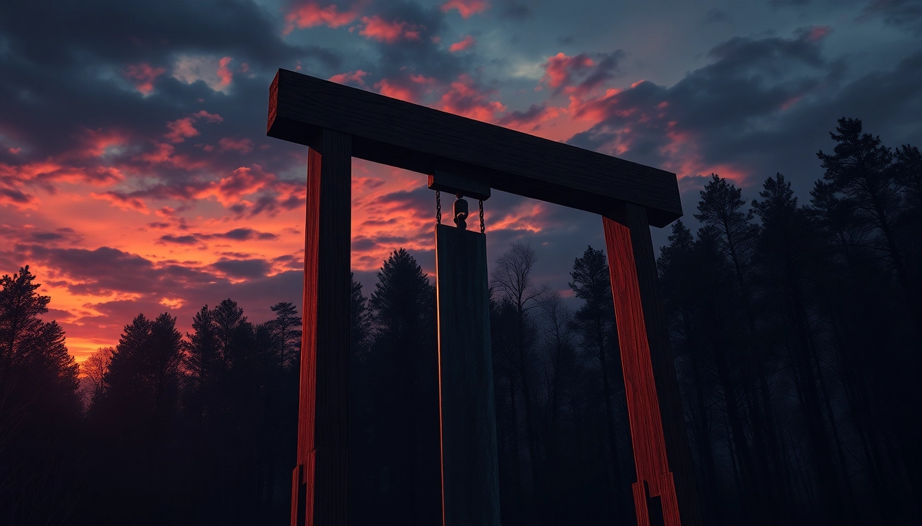 Guillotine origin phrase depicted with an ominous historical guillotine in twilight.