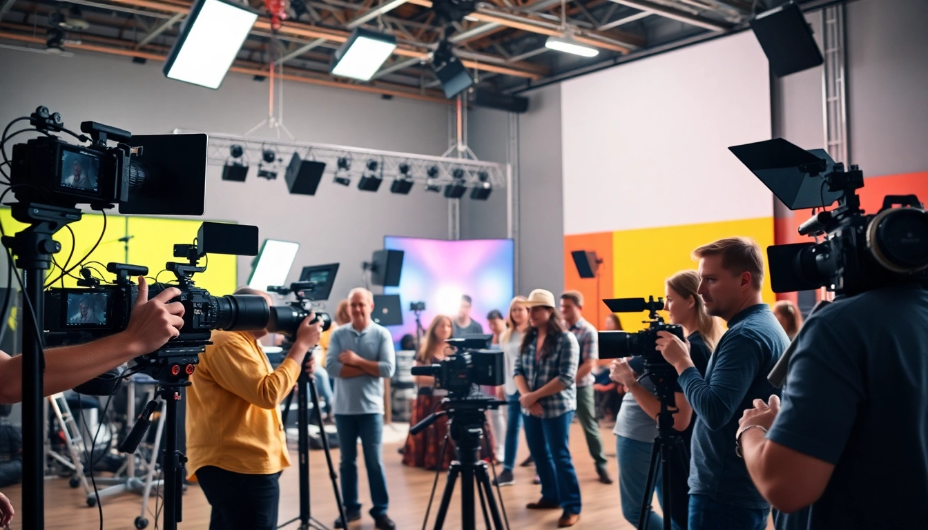 View of a team from edmonton production companies collaborating on a video shoot in a modern studio.