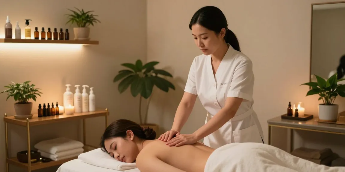 1인샵에서 아로마 마사지받는 고객과 전문 마사지사, 편안한 분위기