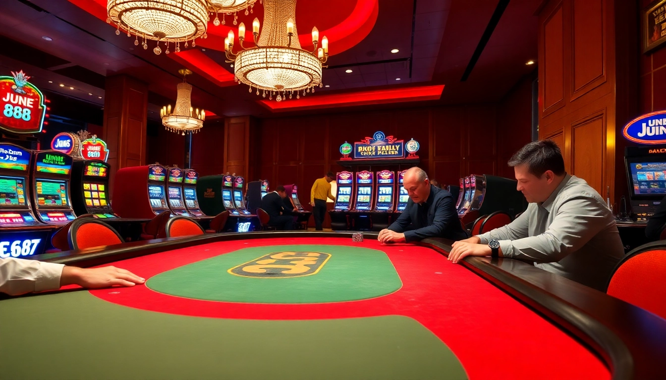 Jun88 gaming table with players strategizing bets in a vibrant casino setting