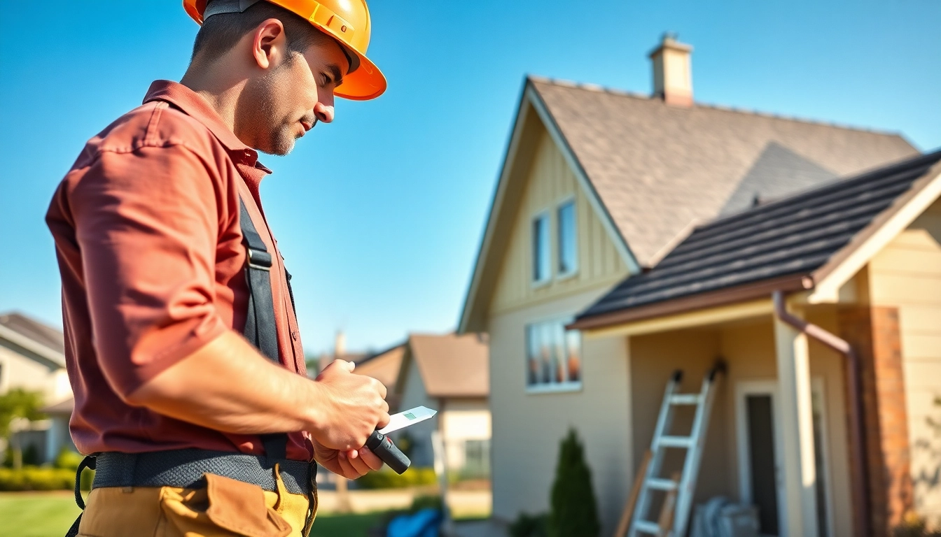 Roofing contractor assessing a roof's quality and safety while standing in a residential neighborhood.