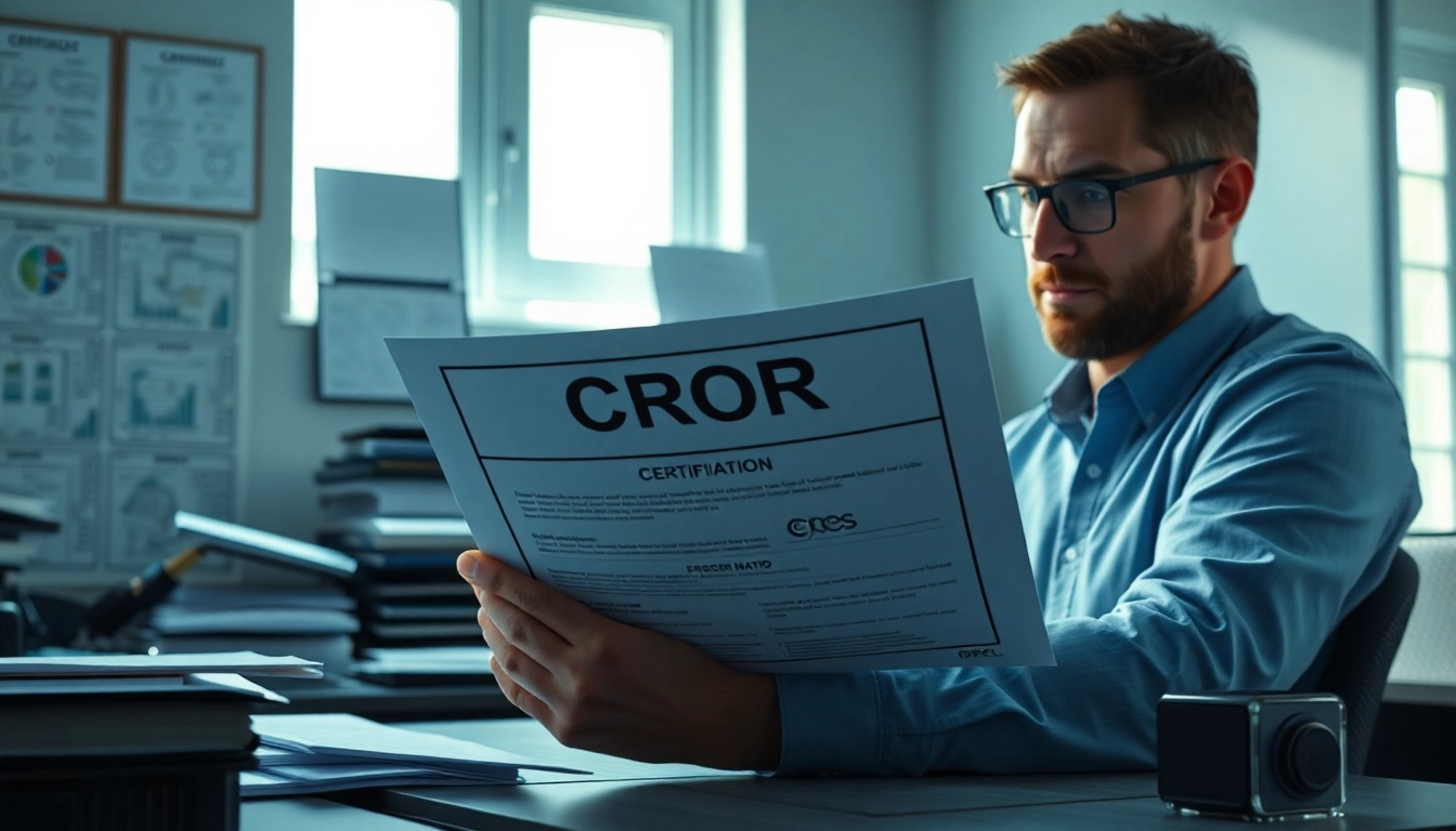 Examining documents for CROR certification in a professional office setting.
