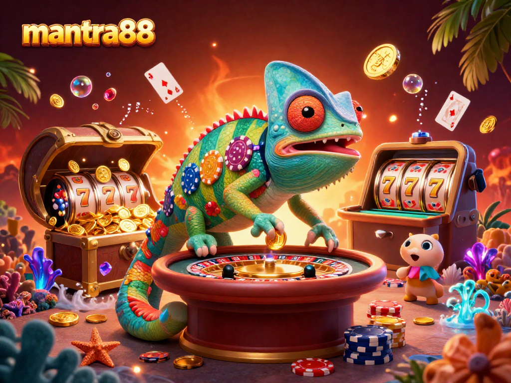 Experience thrilling gameplay at mantra88 with an engaging chameleon casino owner and vibrant treasures.