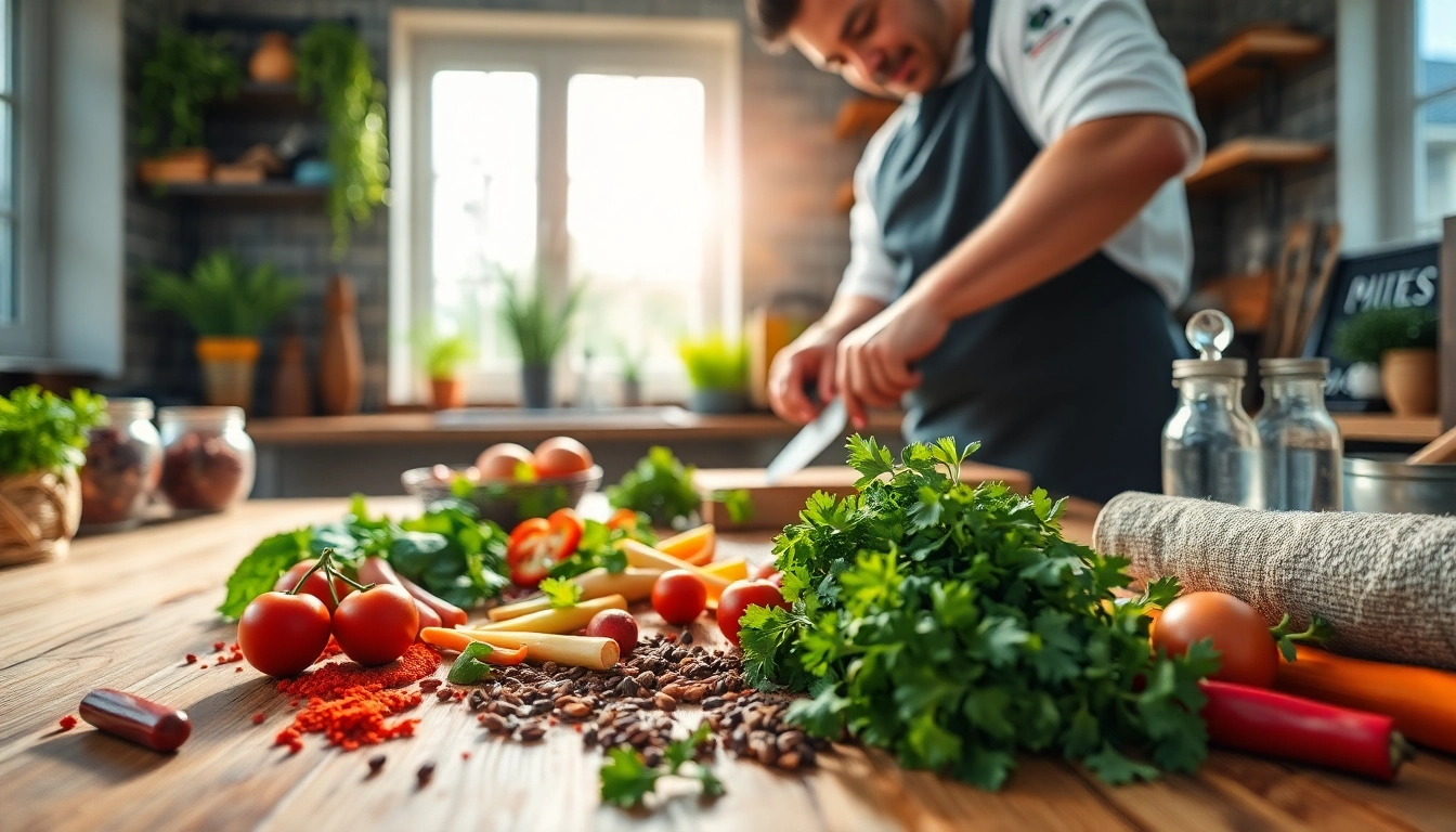 Chef showcasing dishfacts in a vibrant kitchen, preparing fresh ingredients.