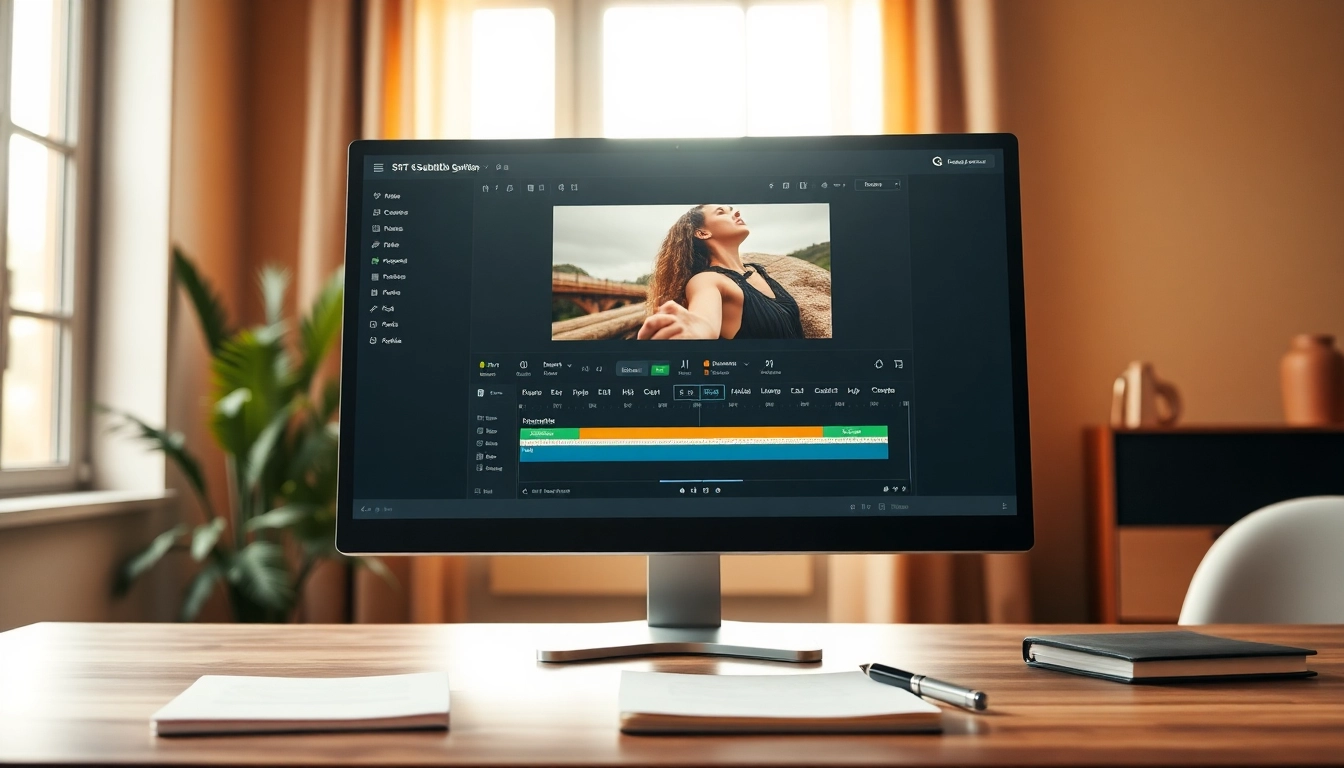 Create subtitles easily with this SRT Generator displayed on a modern computer screen in a cozy workspace.