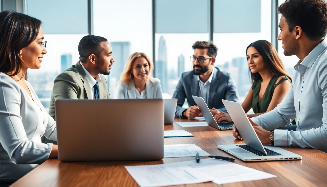 Engaged team discussing FCPA/DCAA/Flowdown/ITAR/EAR compliance strategies in a modern office.