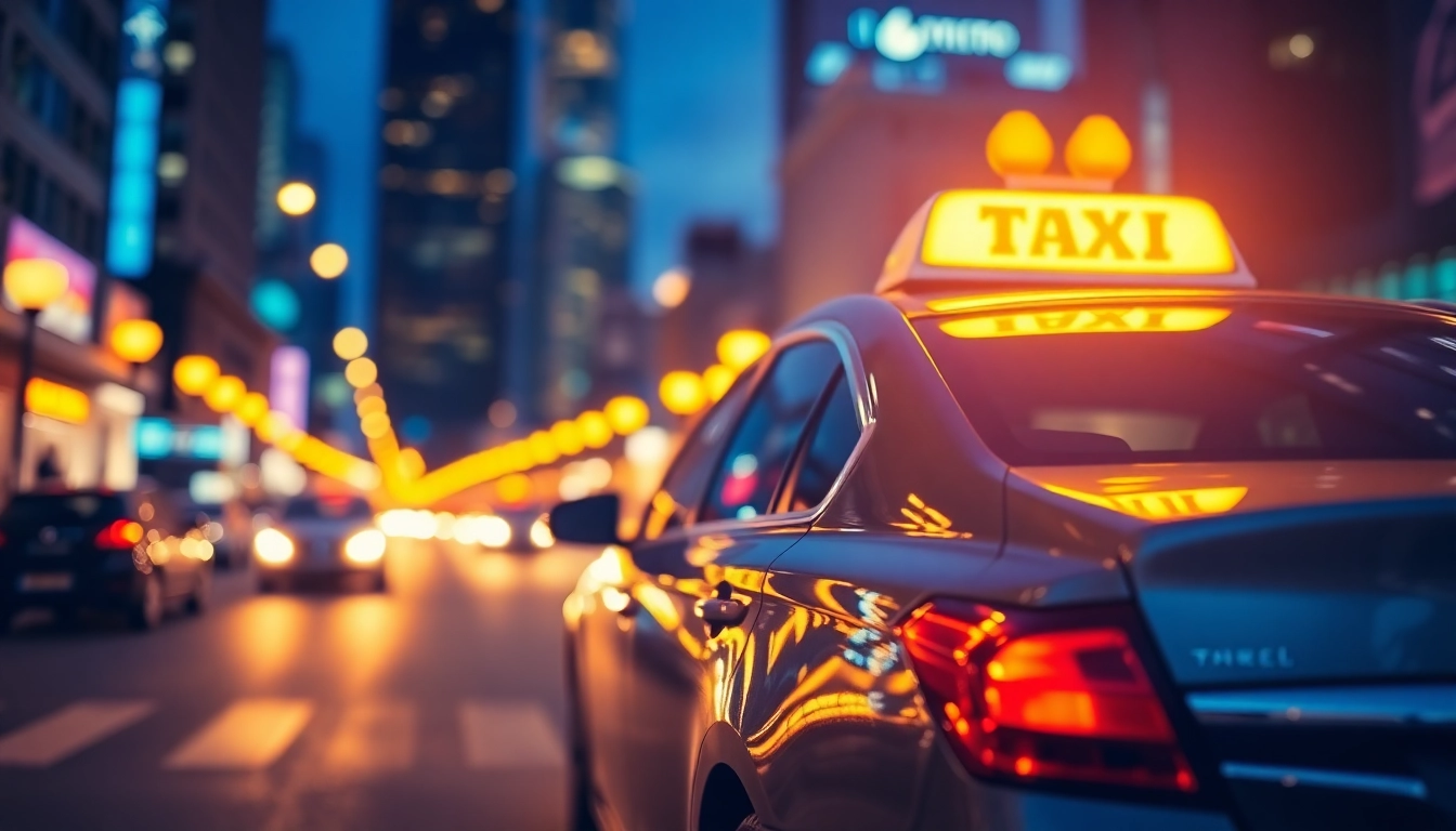 Experience reliable LONG DISTANCE TAXI TRANSFERS in a modern urban setting with vibrant lights.
