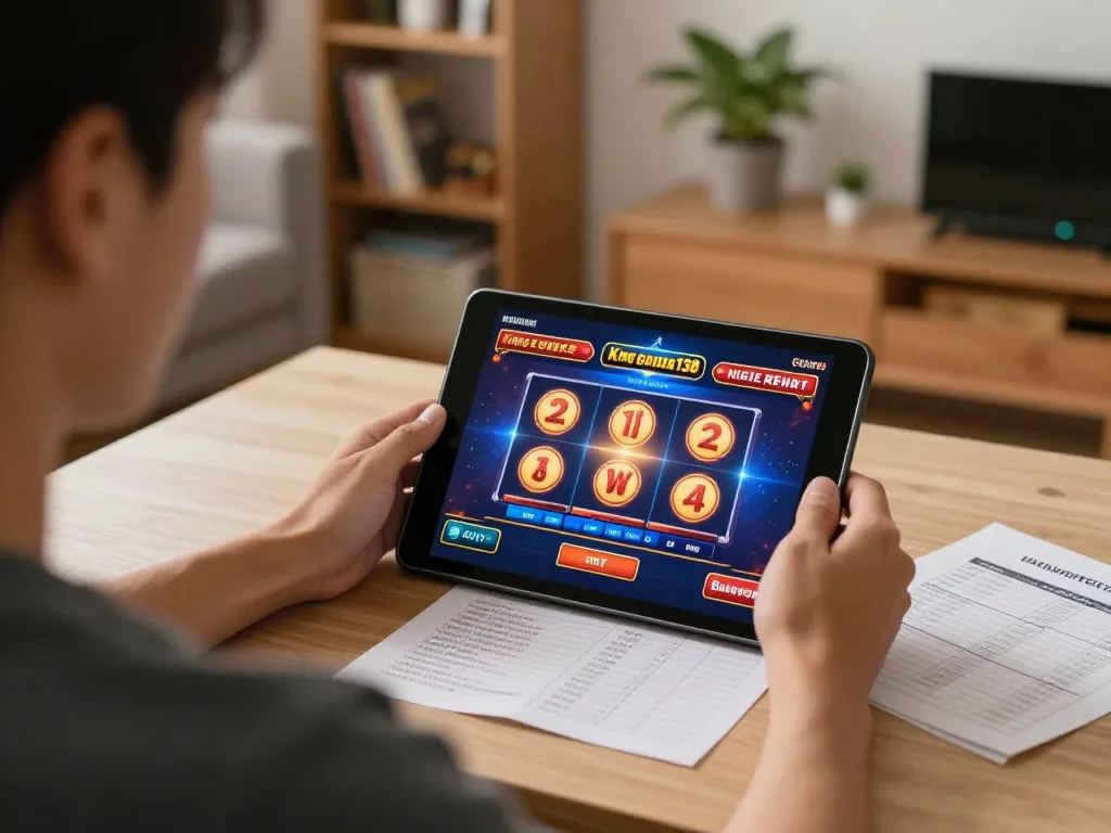 Engaging in online gaming with king garuda138 on a tablet while managing bankroll notes at home.
