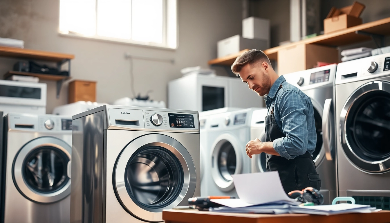 Technician performing appliance repair ottawa services on a washing machine in a bright workshop.