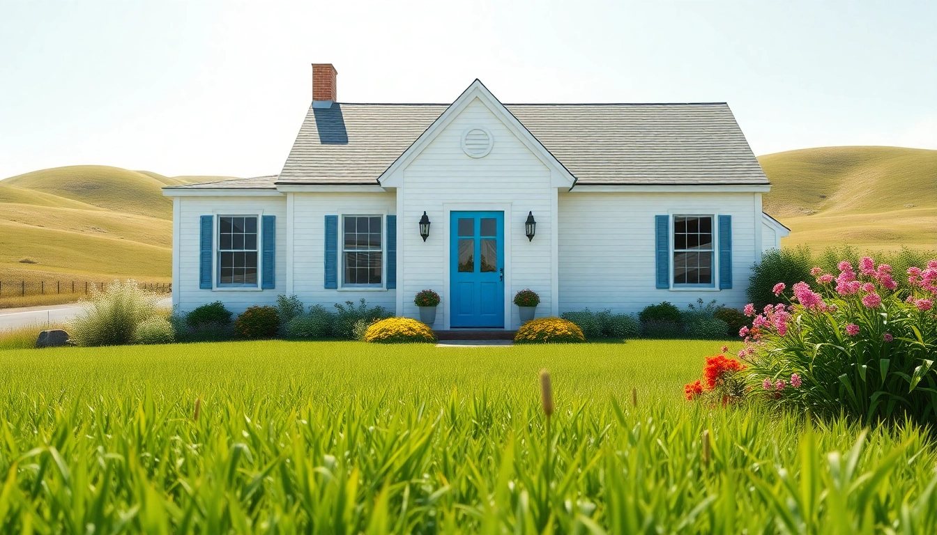Welcoming cape cod home with vibrant blue door and lush garden in a sunny landscape.