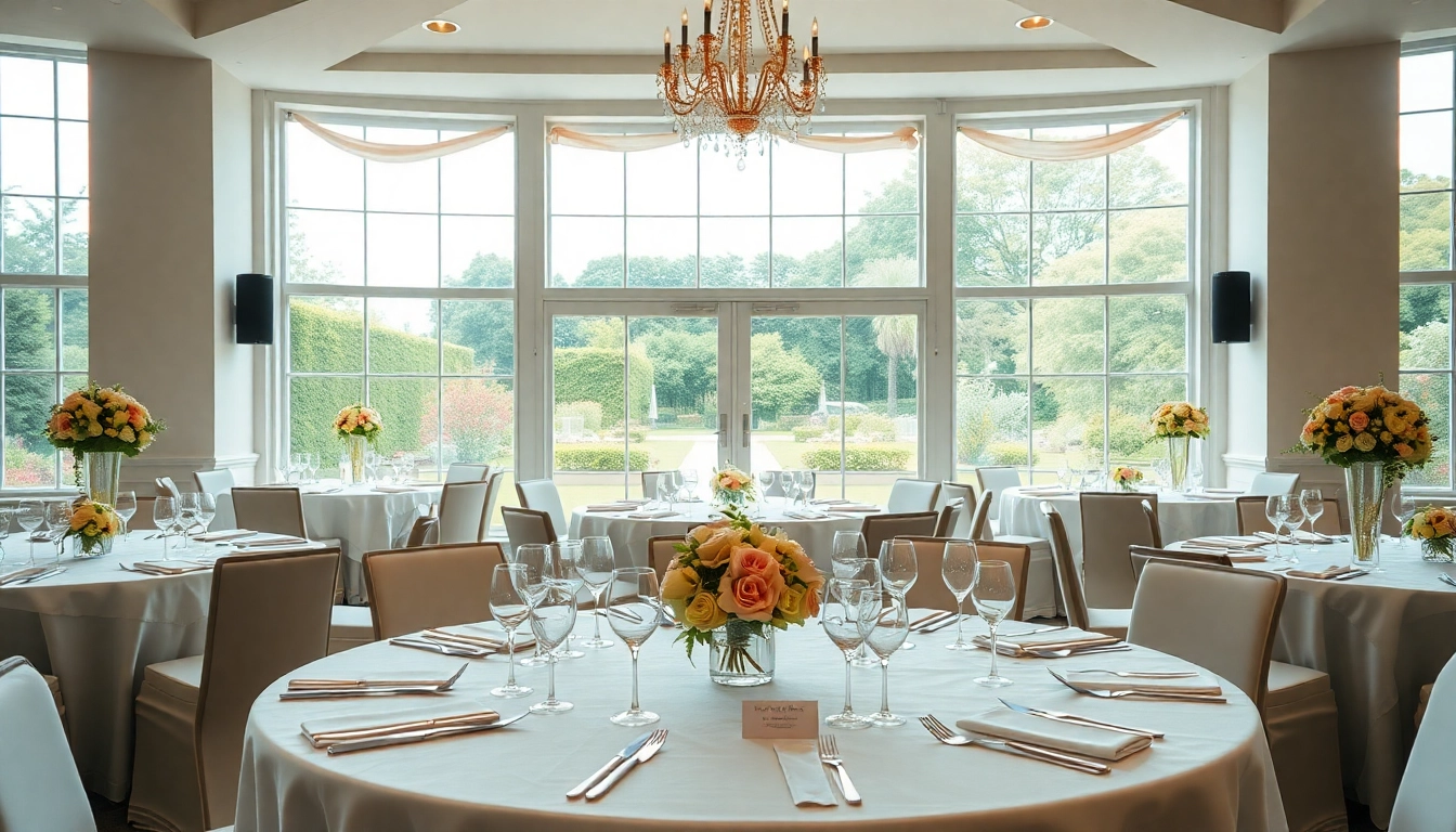 Stowe Venue Hire features a beautifully decorated event space for weddings with elegant table settings.