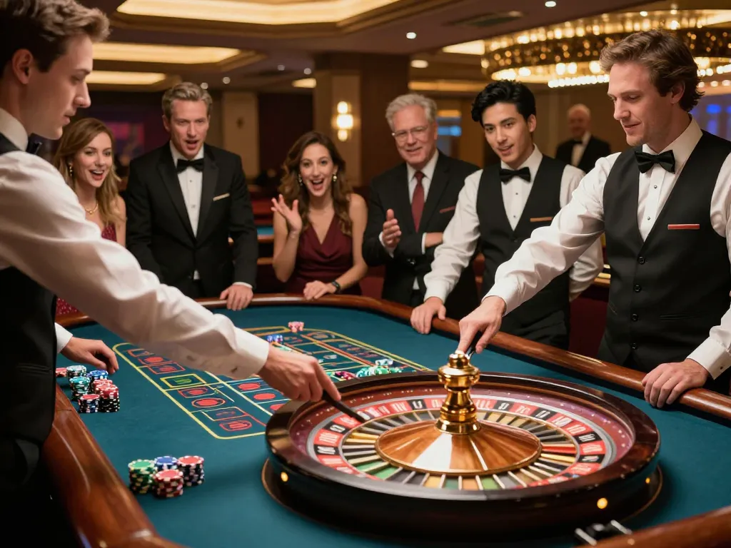 Watch thrilling slot gacor gameplay at an elegant roulette table, luxury casino excitement.