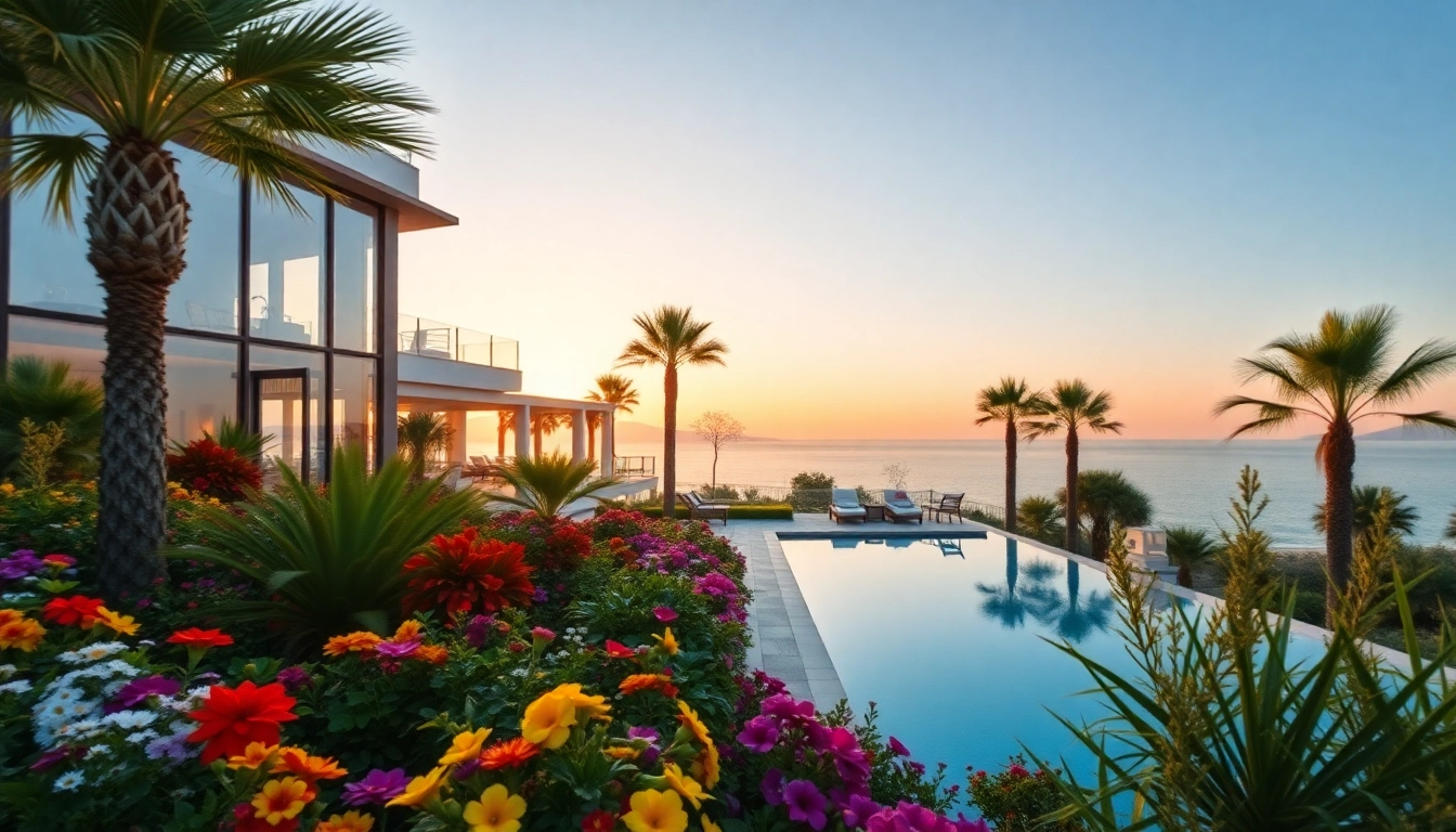 Stunning villa showcasing property in turkey alanya with vibrant garden and sea views.