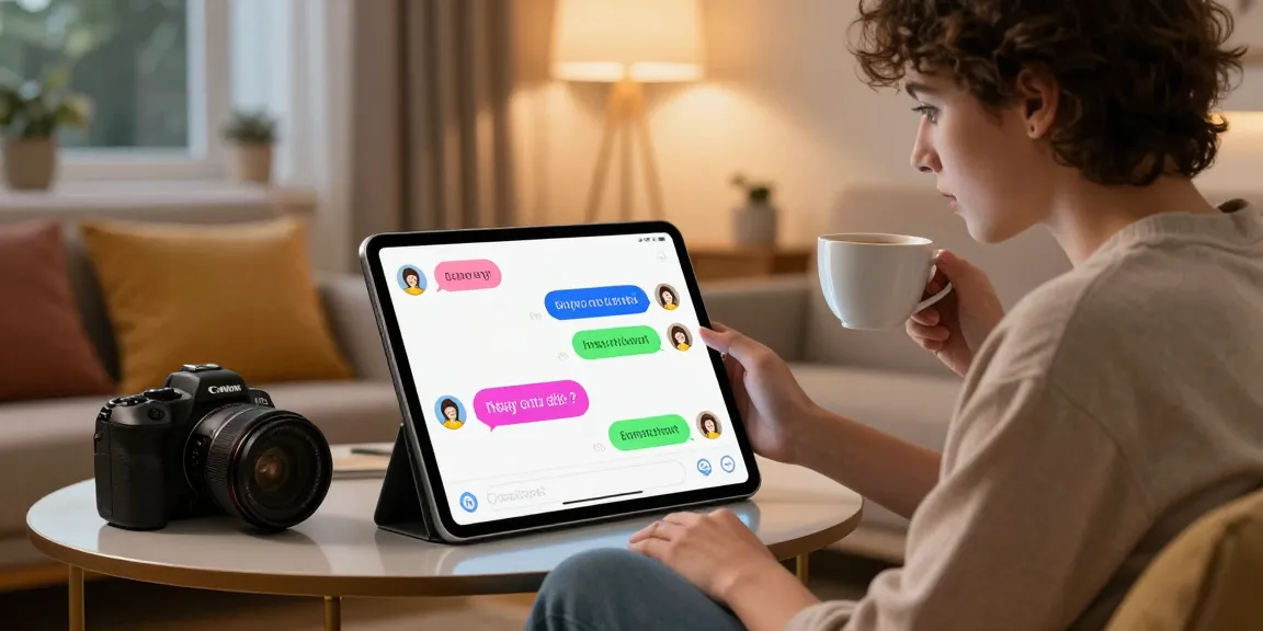 Engaging interaction with an nsfw chat bot on a tablet in a cozy living room setting.