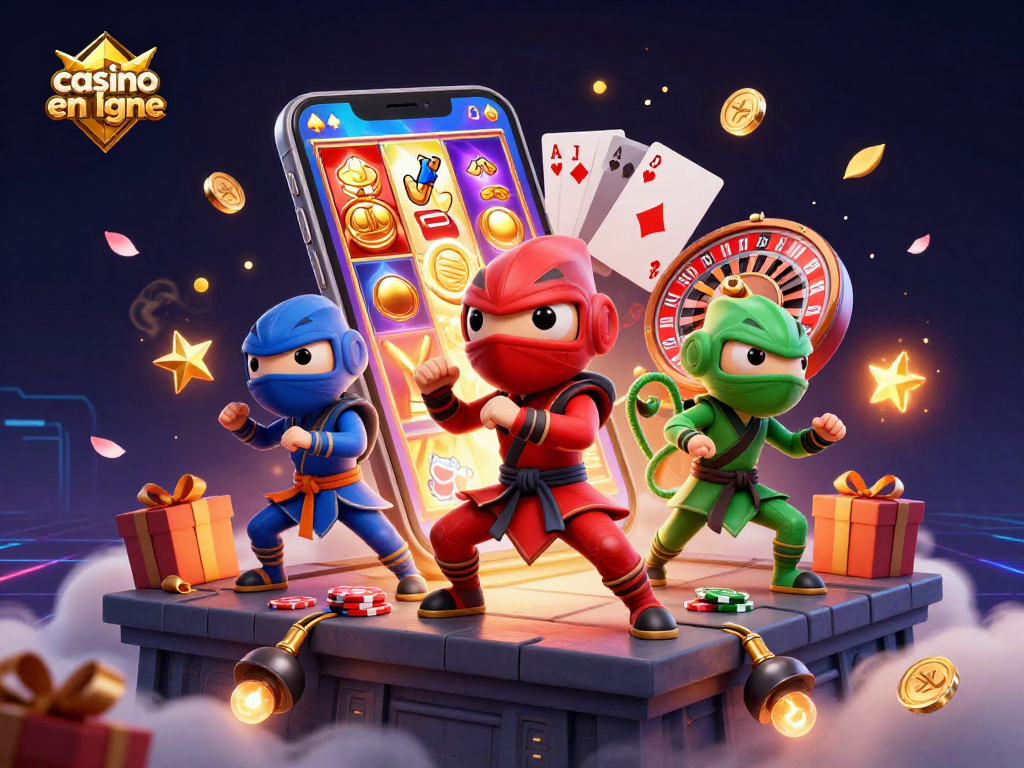 Gagnez gros avec le casino en ligne grâce à cette illustration dynamique de chameaux ninjas et jeux de casino.
