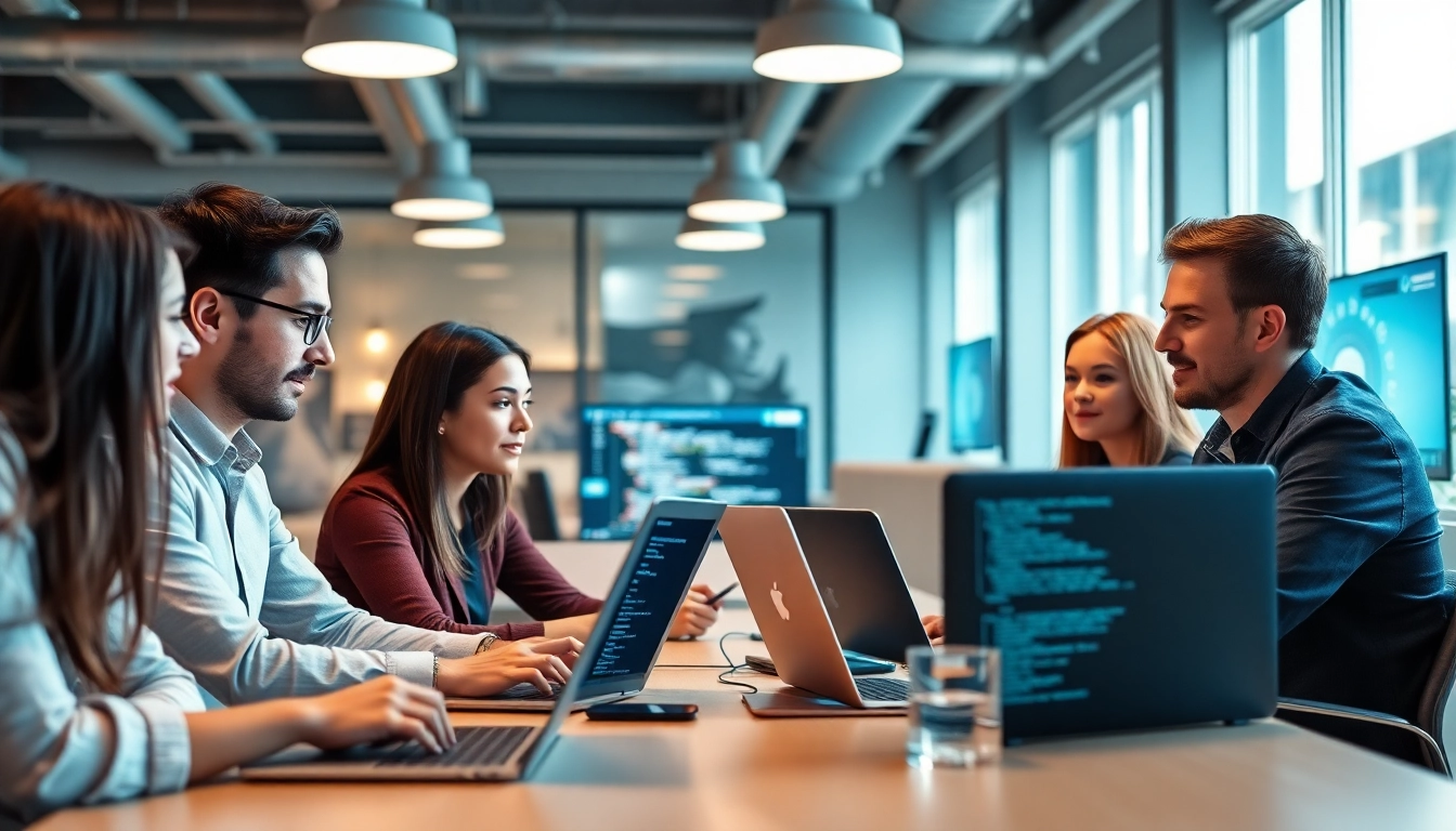 Web development company team collaborating over laptops in a modern office.