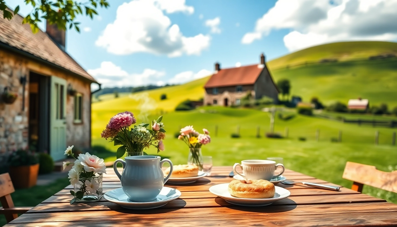 Enjoying a beautiful outdoor brunch scene for a UK Lifestyle Blog with serene countryside vibes.
