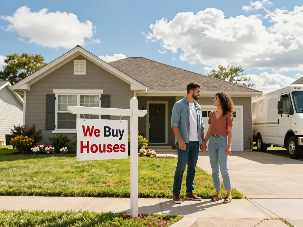 Couple outside their home with "We Buy Houses" sign, showcasing a fast home selling process.